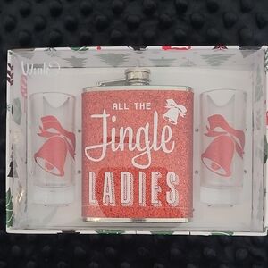 Flask& 2 Shot Glass Set  Christmas Gift Bright Red Glitter On Chome.ex Big S/gla
